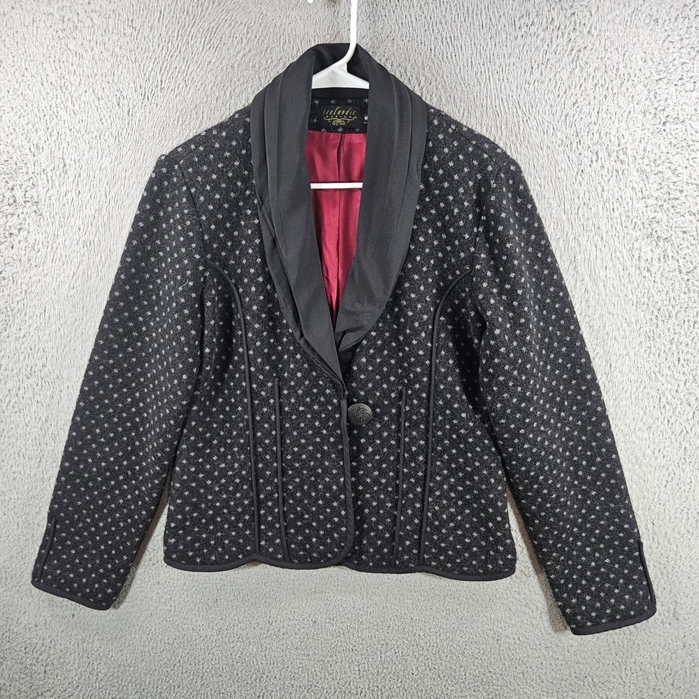 Icelandic Design Womens Wool Blazer Gray Black Silk Shawl Collar Jacket Size M